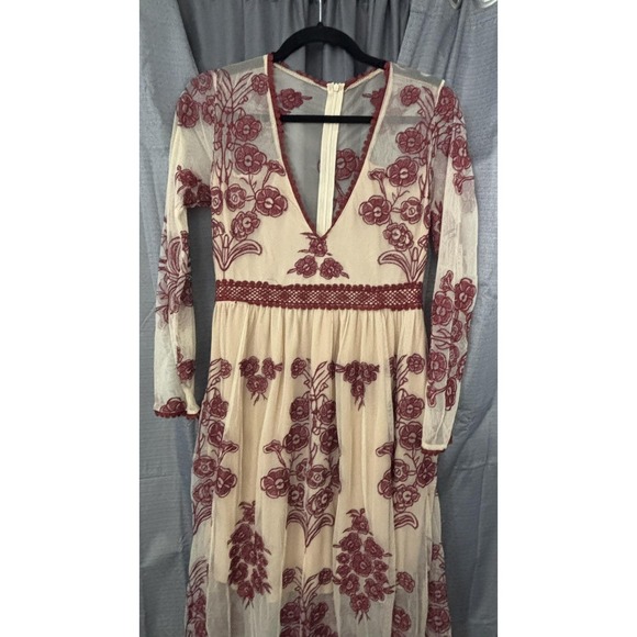 Unbranded Embroidered Floral Mesh Maxi Dress Women S Beige Burgundy Boho Prairie - Picture 3 of 12